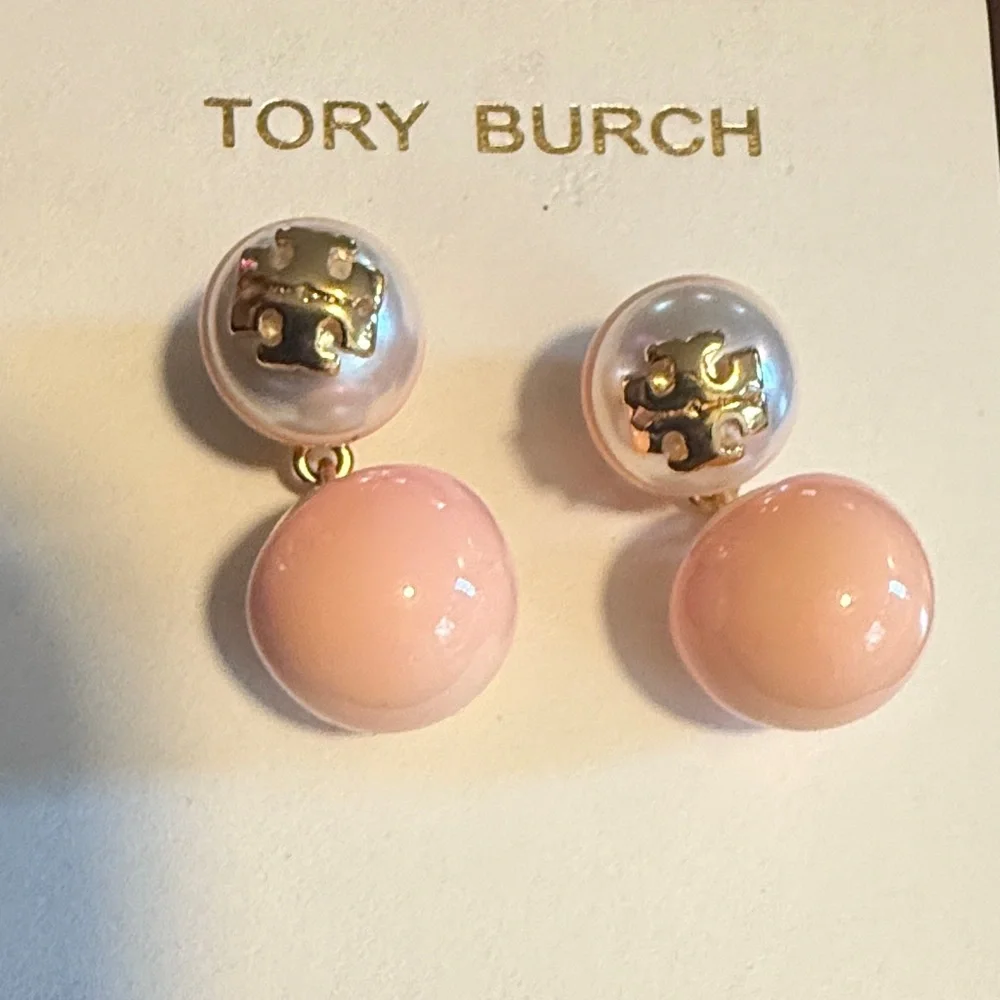 Tory Burch Soft Pink and Gold Double Sphere Earrings - Picture 2 of 6